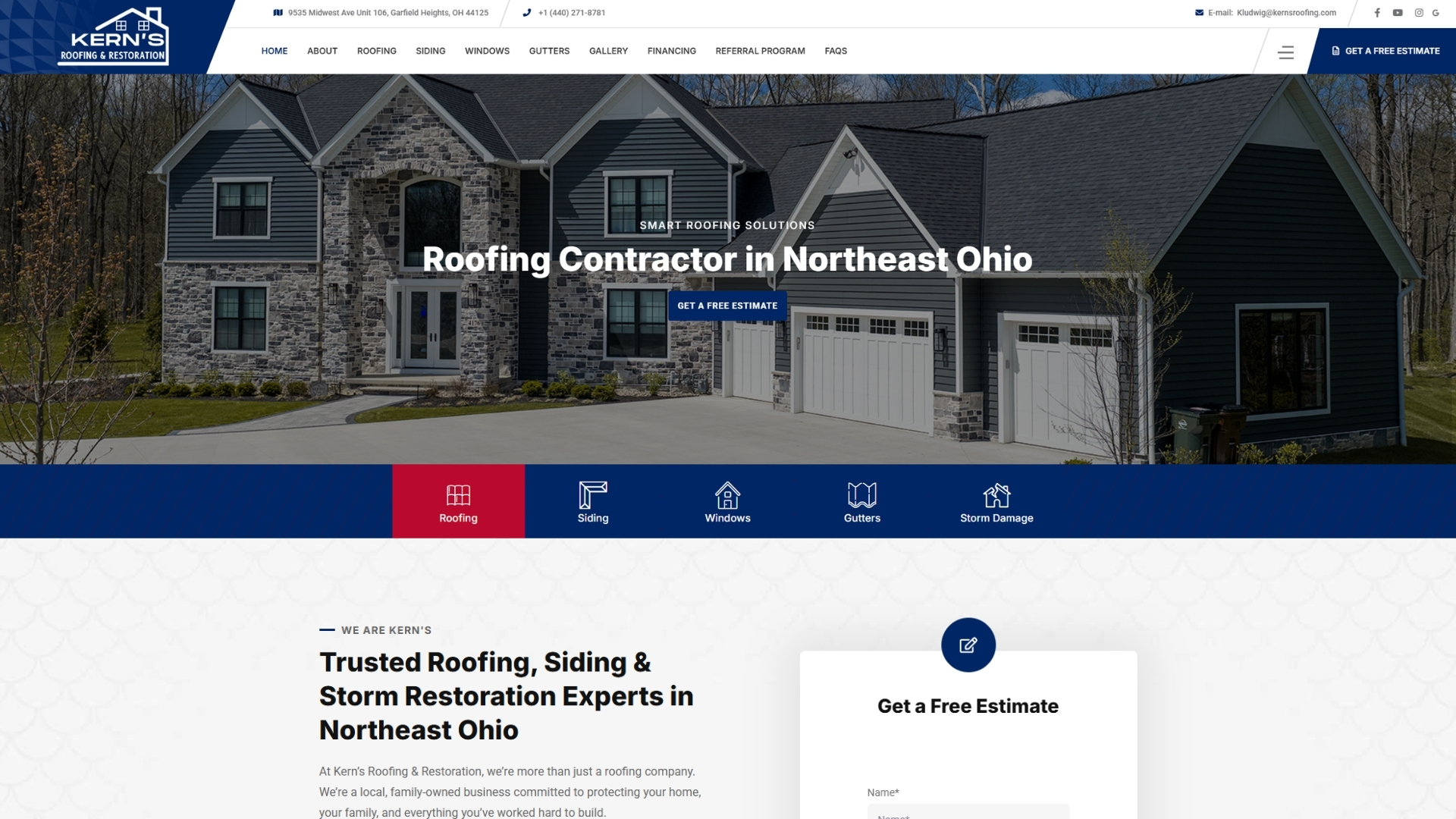 Kerns Roofing web design portfolio project by SUTSTONE LLC
